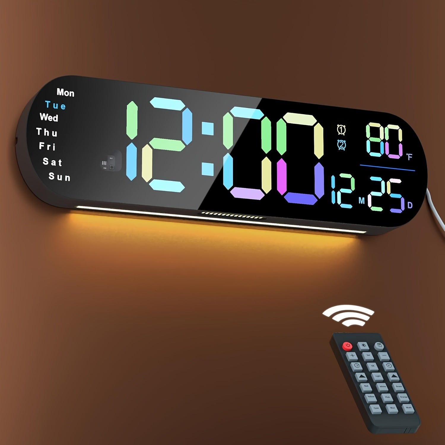Large Digital Wall Clock with Remote Control 13.7', Auto Brightness, 9 RGB Ambient Light, Dual Alarm Clock&Timer, 12/ 24H Mode, Temperature for Bedroom, Wall Decor Gift for Elder, Black