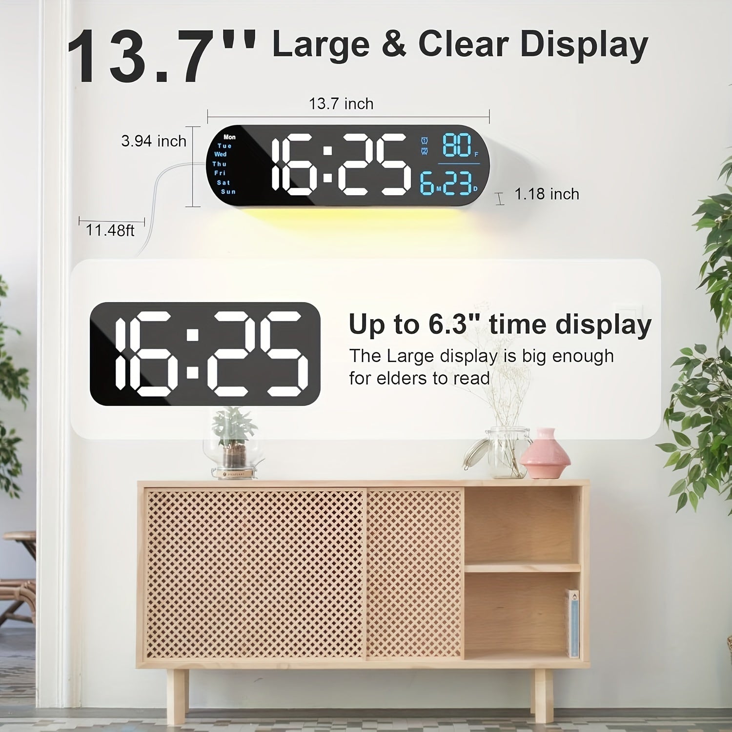 Large Digital Wall Clock with Remote Control 13.7', Auto Brightness, 9 RGB Ambient Light, Dual Alarm Clock&Timer, 12/ 24H Mode, Temperature for Bedroom, Wall Decor Gift for Elder, Black