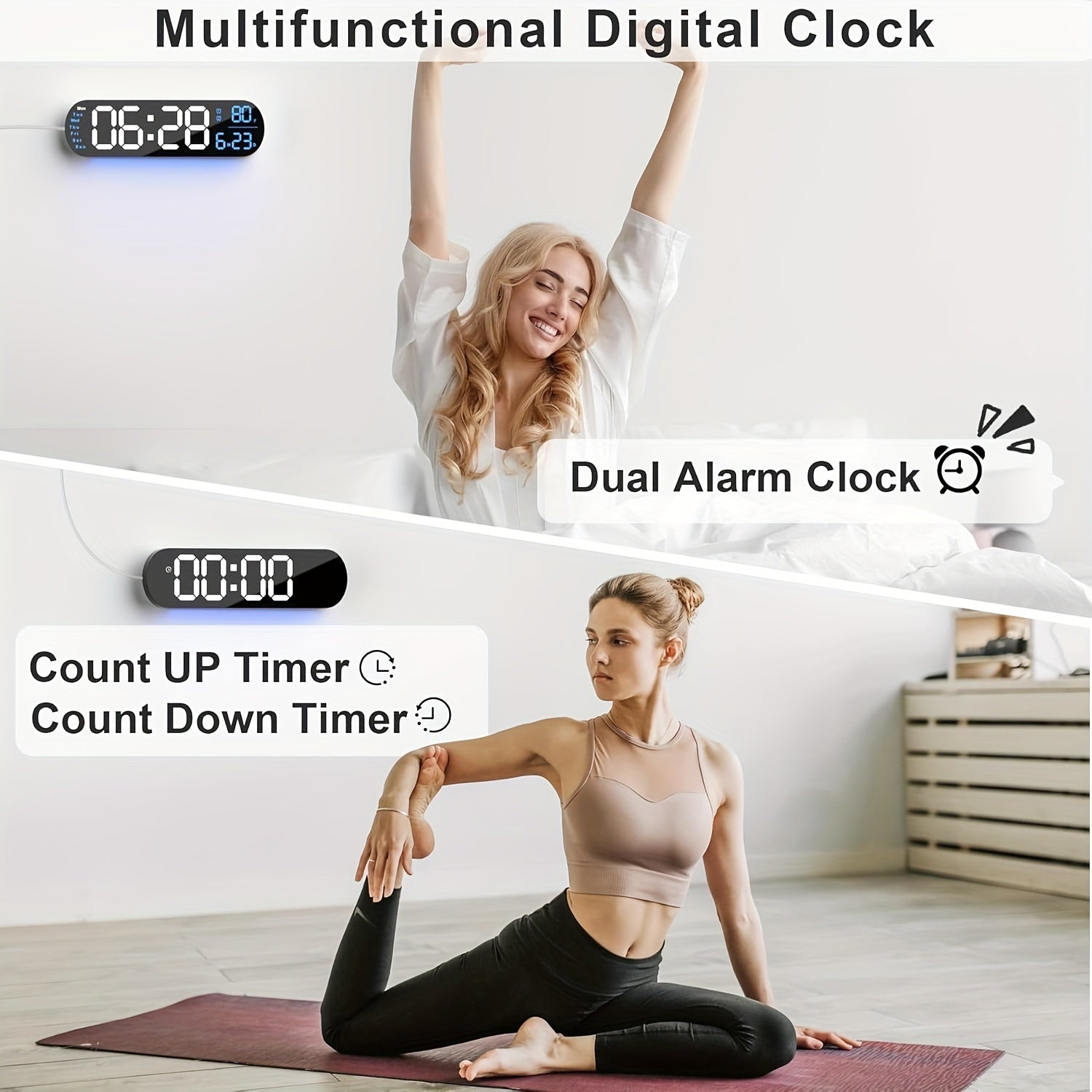 Large Digital Wall Clock with Remote Control 13.7', Auto Brightness, 9 RGB Ambient Light, Dual Alarm Clock&Timer, 12/ 24H Mode, Temperature for Bedroom, Wall Decor Gift for Elder, Black