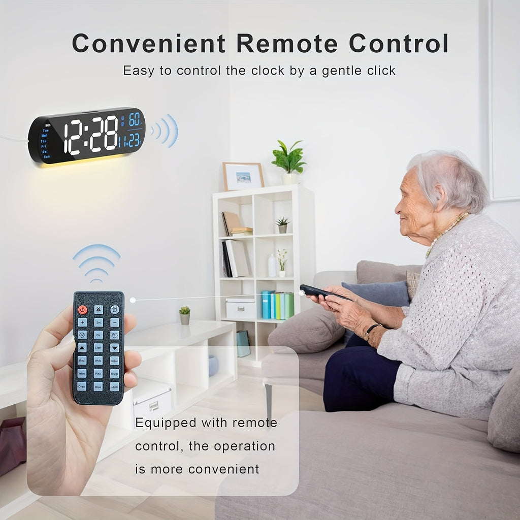Large Digital Wall Clock with Remote Control 13.7', Auto Brightness, 9 RGB Ambient Light, Dual Alarm Clock&Timer, 12/ 24H Mode, Temperature for Bedroom, Wall Decor Gift for Elder, Black
