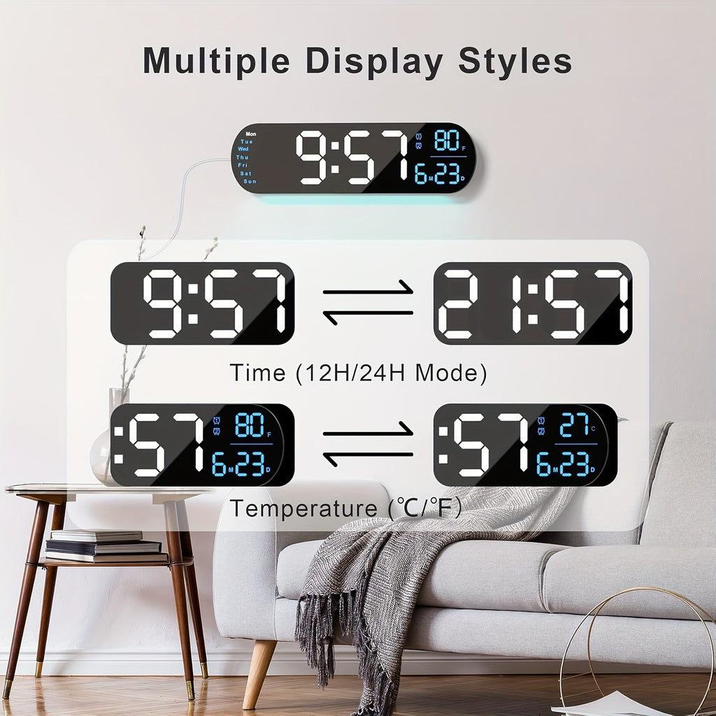 Large Digital Wall Clock with Remote Control 13.7', Auto Brightness, 9 RGB Ambient Light, Dual Alarm Clock&Timer, 12/ 24H Mode, Temperature for Bedroom, Wall Decor Gift for Elder, Black