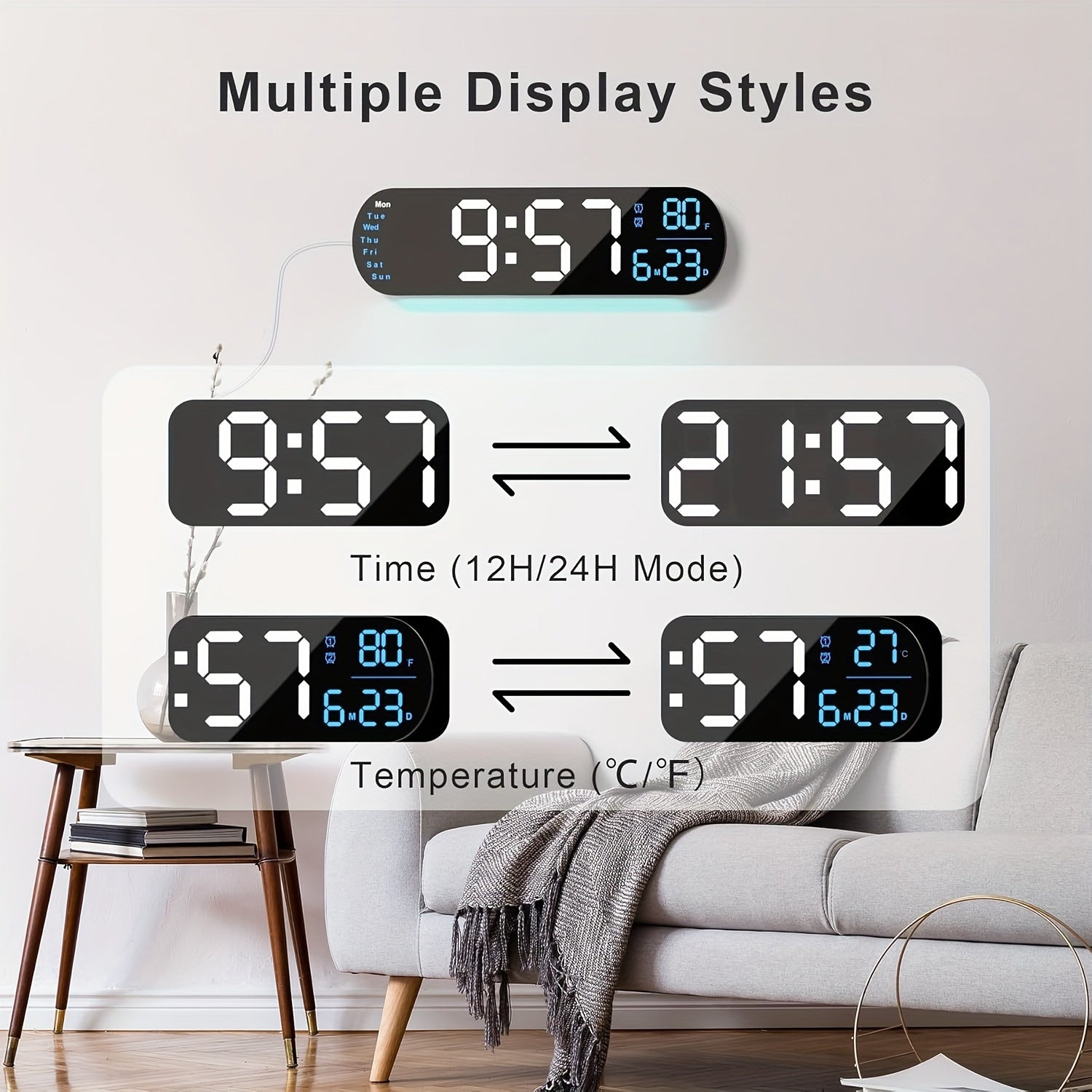 Large Digital Wall Clock with Remote Control 13.7', Auto Brightness, 9 RGB Ambient Light, Dual Alarm Clock&Timer, 12/ 24H Mode, Temperature for Bedroom, Wall Decor Gift for Elder, Black