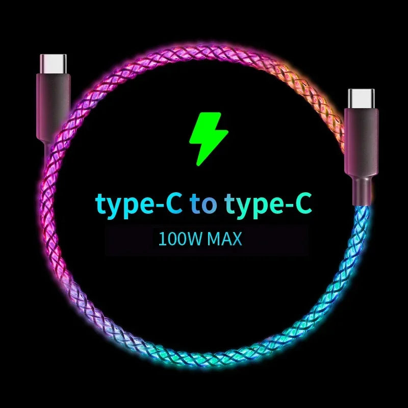 100W Fast Charging RGB Cable  Breathing Light 66W Type C USB C Data Cable For Samsung Huawei Macbook 30W Quick Charge For Xiaomi