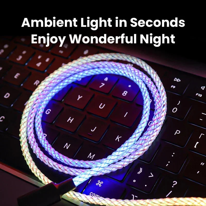100W Fast Charging RGB Cable  Breathing Light 66W Type C USB C Data Cable For Samsung Huawei Macbook 30W Quick Charge For Xiaomi