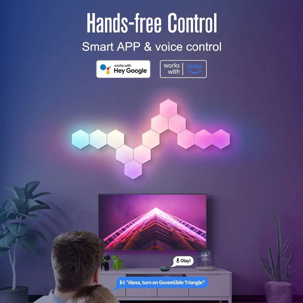 RGB Intelligent Hexagonal Wall Lamp Color-changing Ambient Night Light DYI Shape Music Rhythm APP Control For Game Room Bedroom (Copy)