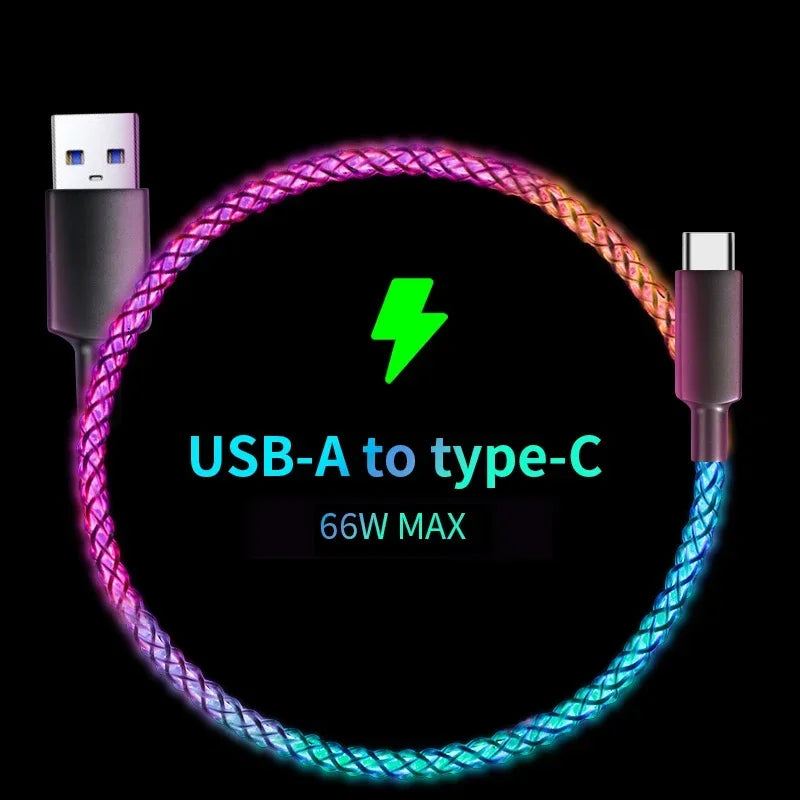 100W Fast Charging RGB Cable  Breathing Light 66W Type C USB C Data Cable For Samsung Huawei Macbook 30W Quick Charge For Xiaomi