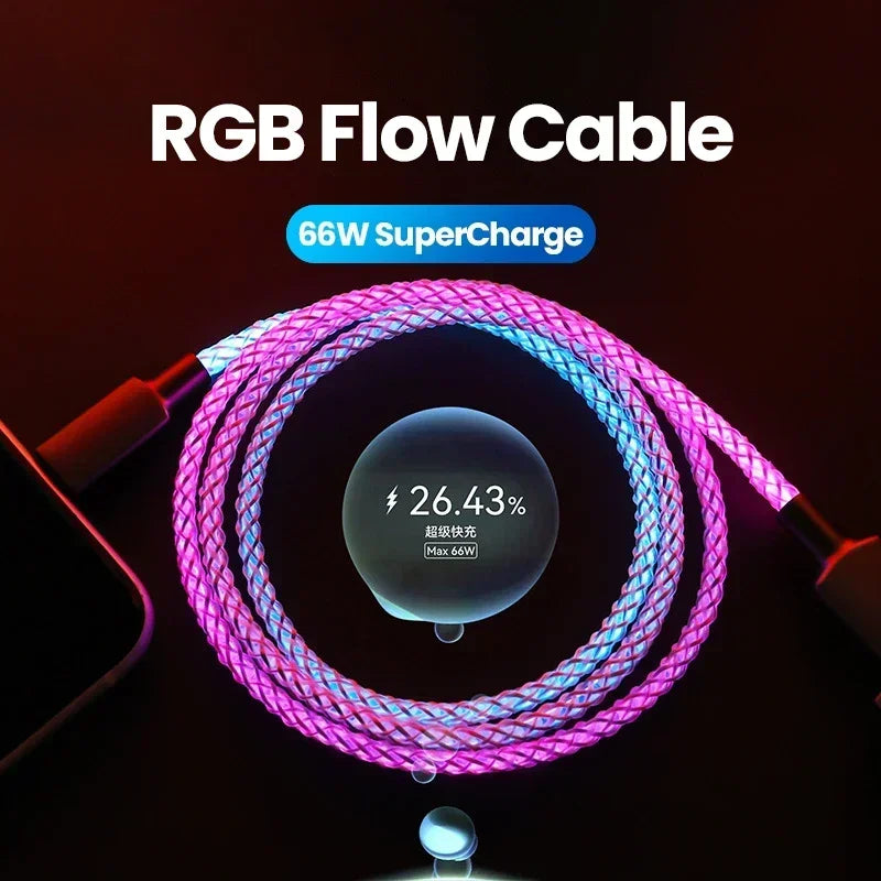 100W Fast Charging RGB Cable  Breathing Light 66W Type C USB C Data Cable For Samsung Huawei Macbook 30W Quick Charge For Xiaomi