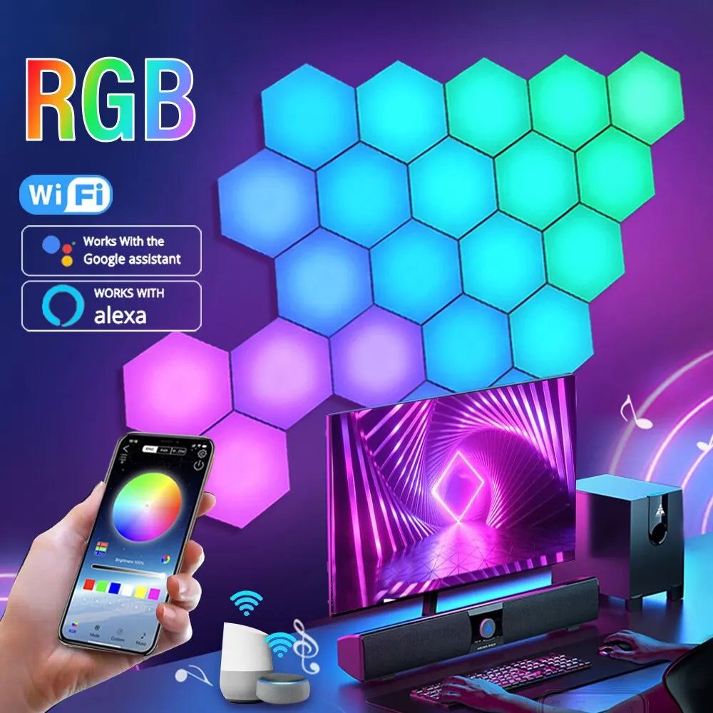 RGB Intelligent Hexagonal Wall Lamp Color-changing Ambient Night Light DYI Shape Music Rhythm APP Control For Game Room Bedroom (Copy)