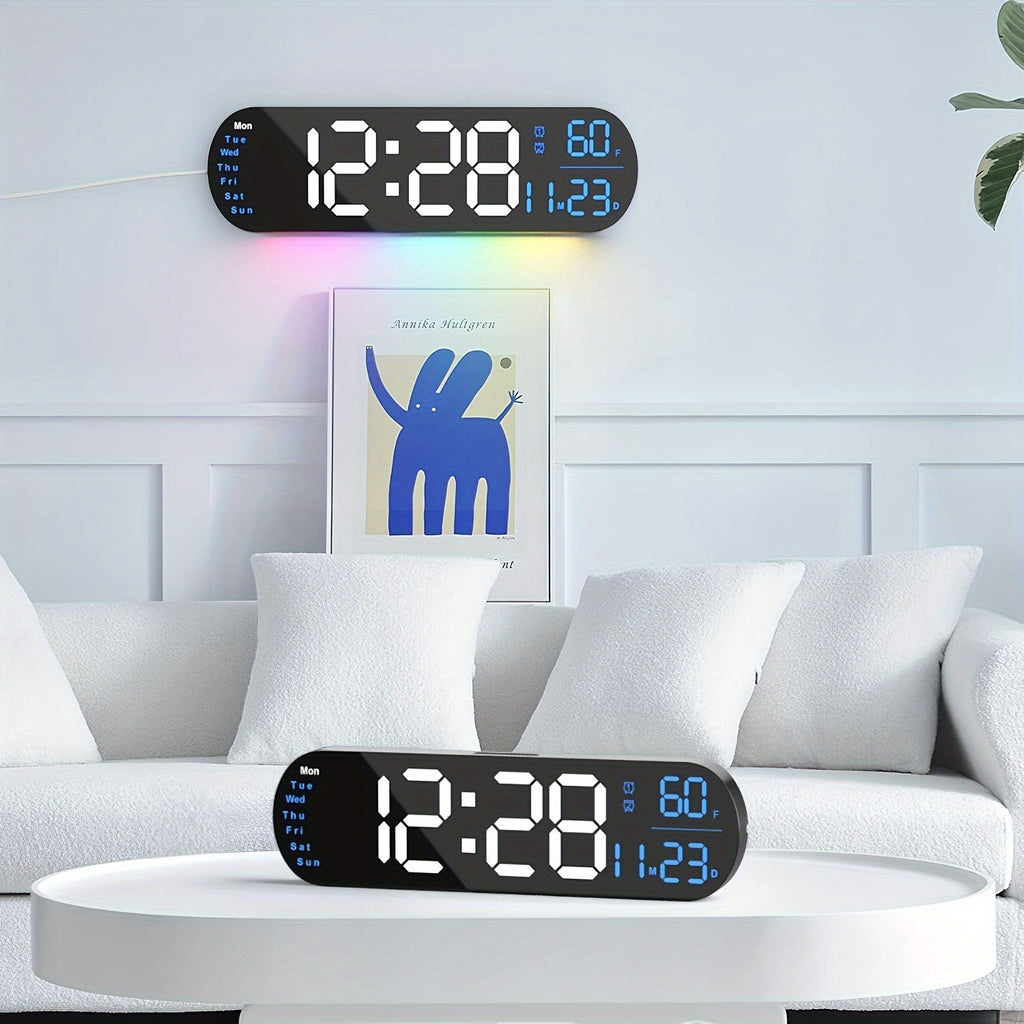 Large Digital Wall Clock with Remote Control 13.7', Auto Brightness, 9 RGB Ambient Light, Dual Alarm Clock&Timer, 12/ 24H Mode, Temperature for Bedroom, Wall Decor Gift for Elder, Black