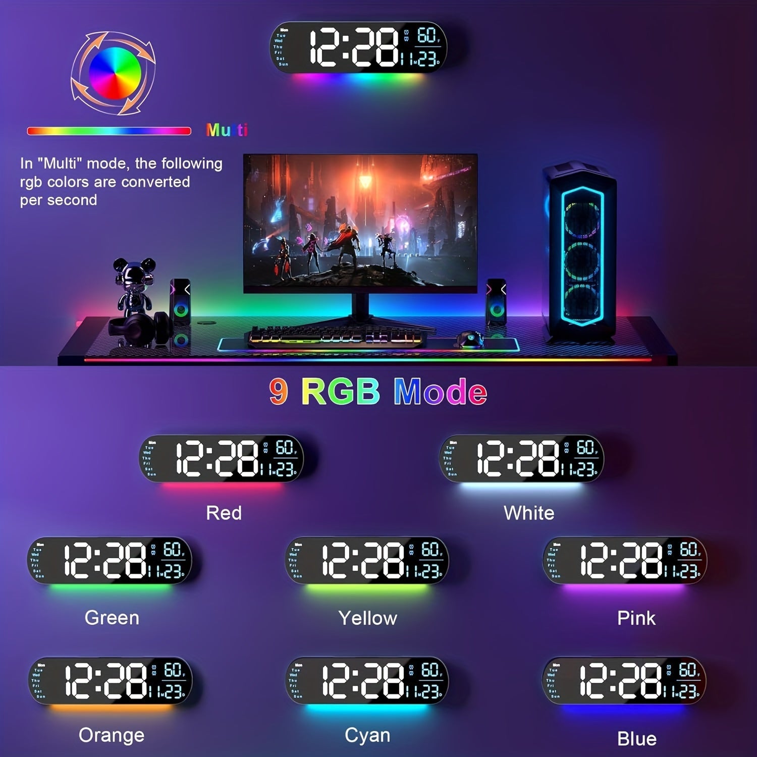 Large Digital Wall Clock with Remote Control 13.7', Auto Brightness, 9 RGB Ambient Light, Dual Alarm Clock&Timer, 12/ 24H Mode, Temperature for Bedroom, Wall Decor Gift for Elder, Black