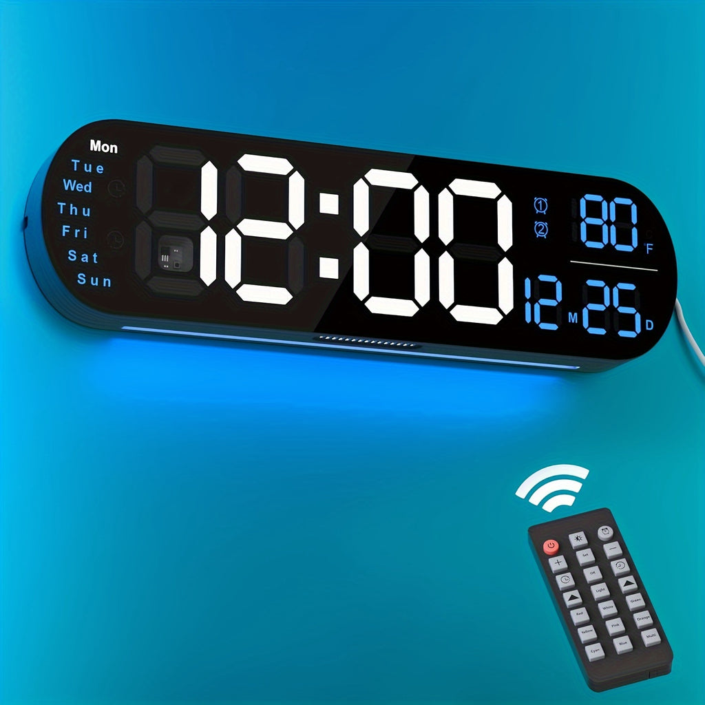 Large Digital Wall Clock with Remote Control 13.7', Auto Brightness, 9 RGB Ambient Light, Dual Alarm Clock&Timer, 12/ 24H Mode, Temperature for Bedroom, Wall Decor Gift for Elder, Black